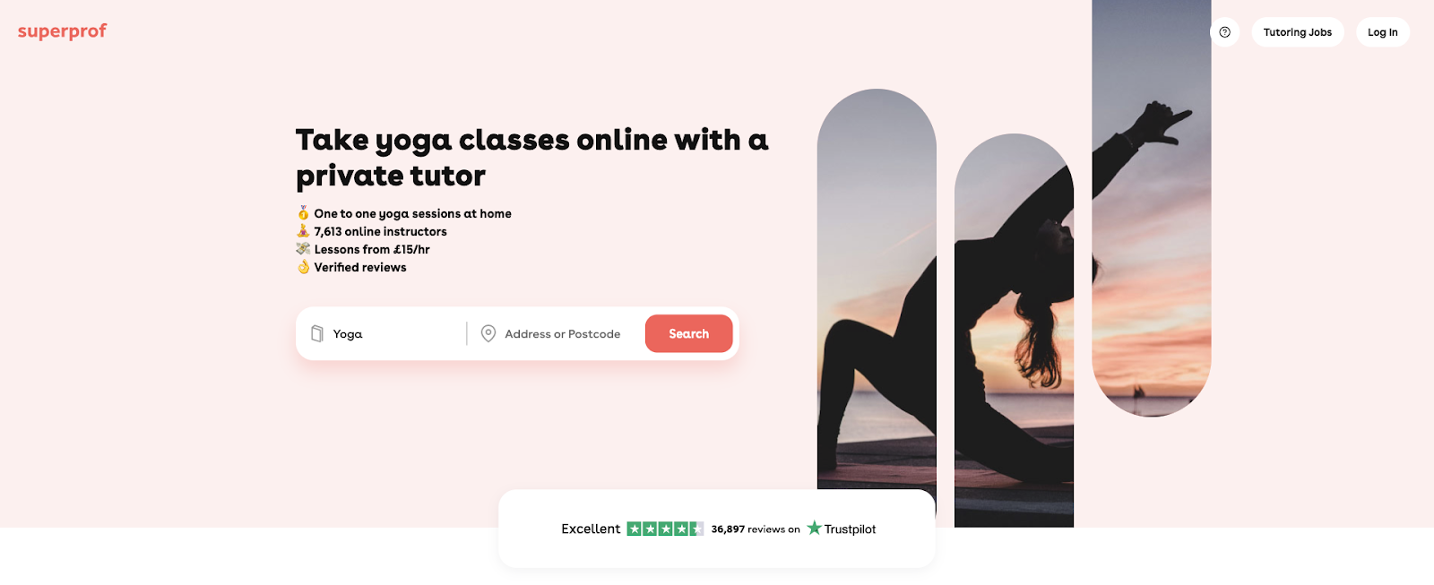 "superprof" landing page with "Take yoga classes online with a private tutor" title