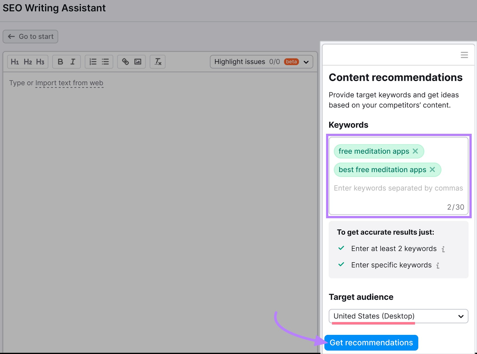 Setting up "Content recommendations" window in SEO Writing Assistant