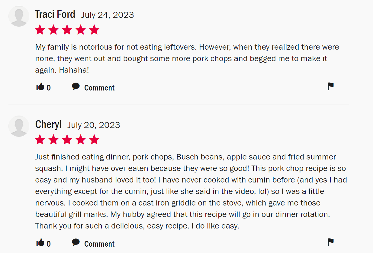 A review section for a recipe blog