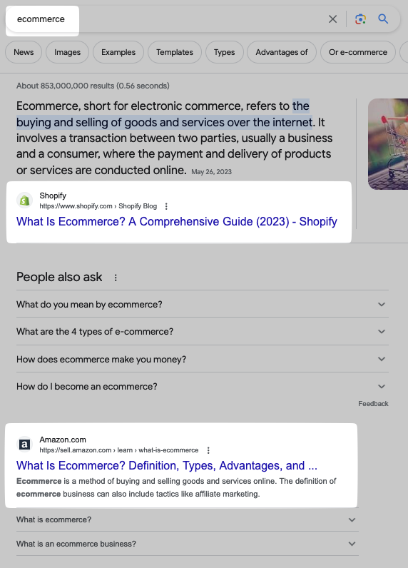 Shopify and Amazon rank first and second on Google SERP for "ecommerce" search