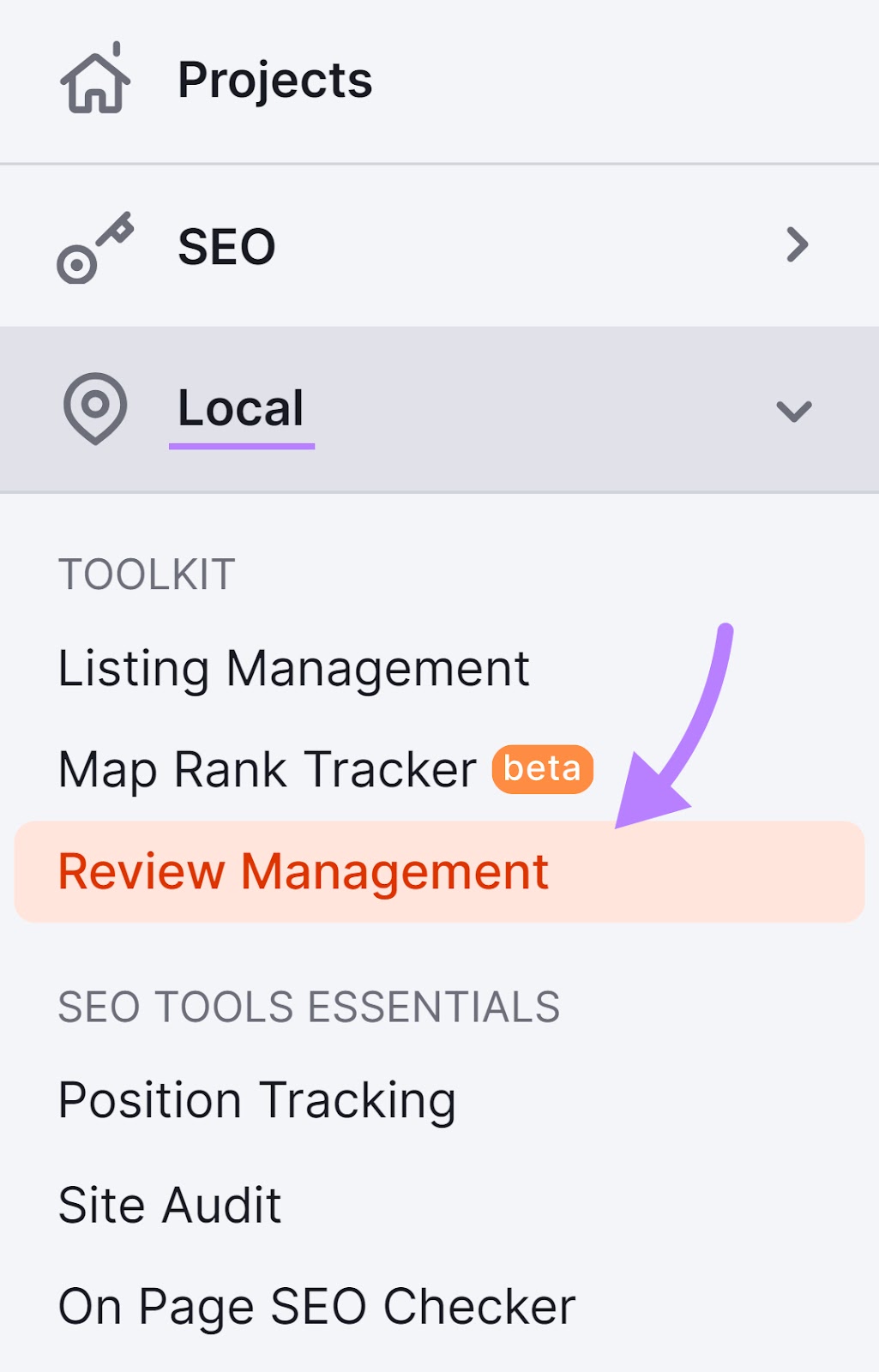 Navigating to “Review Management” in Semrush menu
