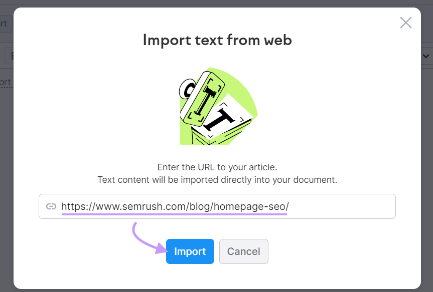 Link pasted under "Import text from web" pop-up window