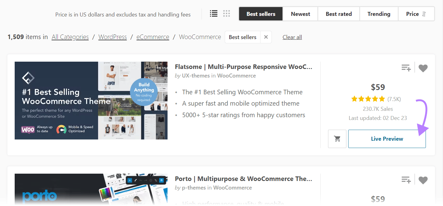 Live preview button on ThemeForest