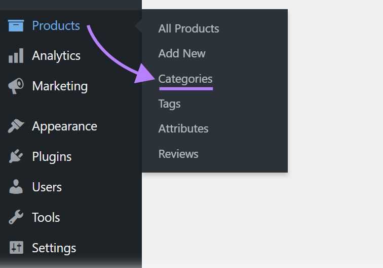 Product categories button within WordPress's navigation menu