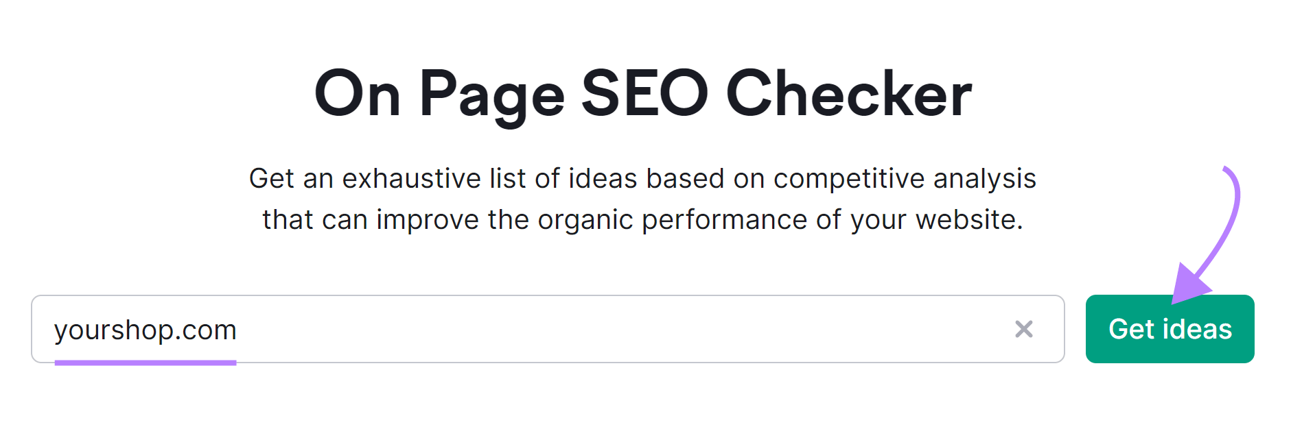 On Page SEO Checker with "yourshop.com" in the domain field
