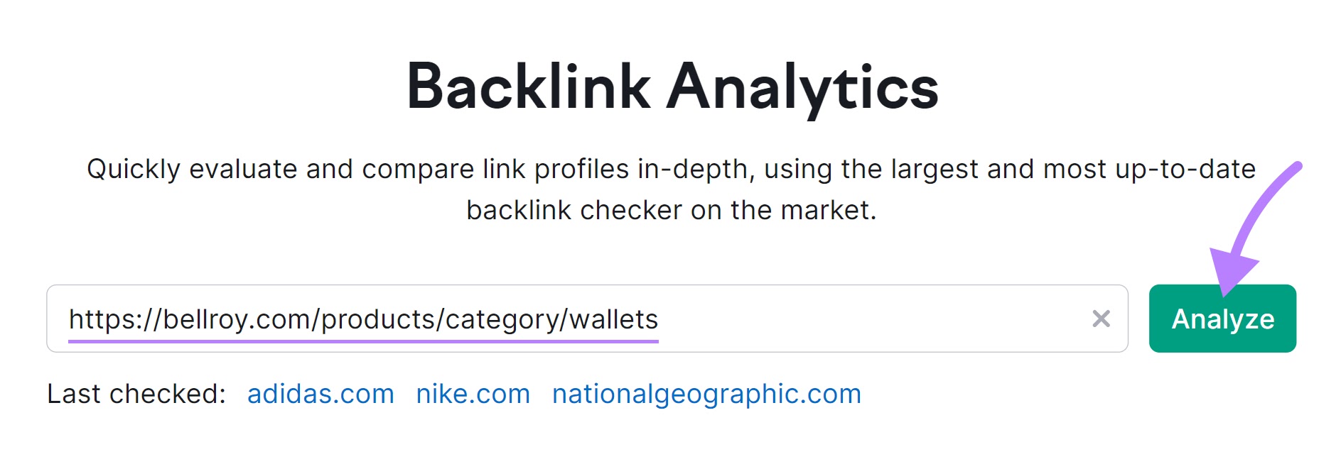 Backlink Analytics with a URL in the field provided