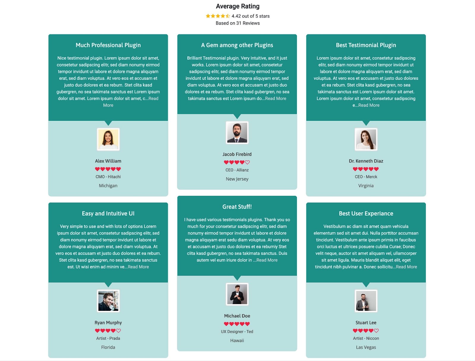 An example of a masonry grid from the Real Testimonials WordPress review plugin
