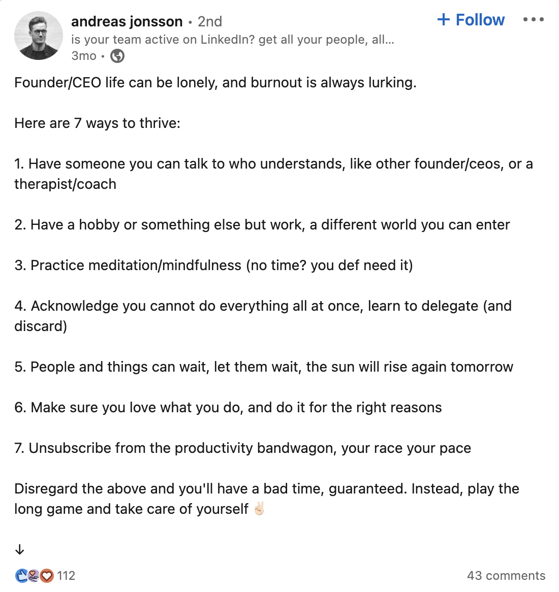 Andreas Jonsson' LinkedIn post sharing tips on how to avoid burnout