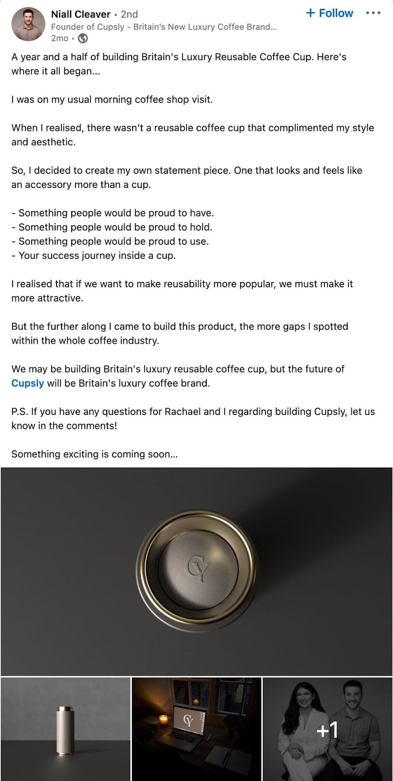 Niall Cleaver's LinkedIn post on the story behind the idea for Cupsly