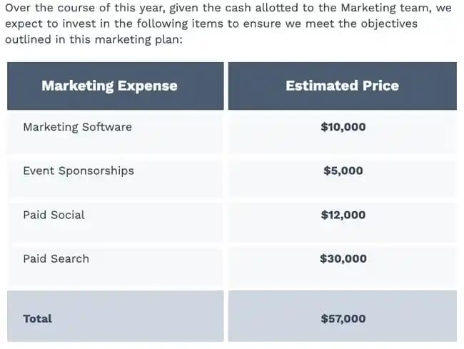 marketing plan budget example