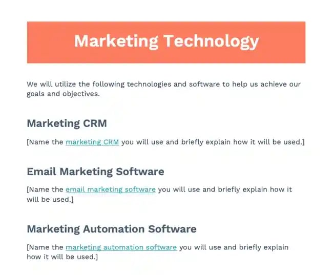 marketing plan outline: marketing technology