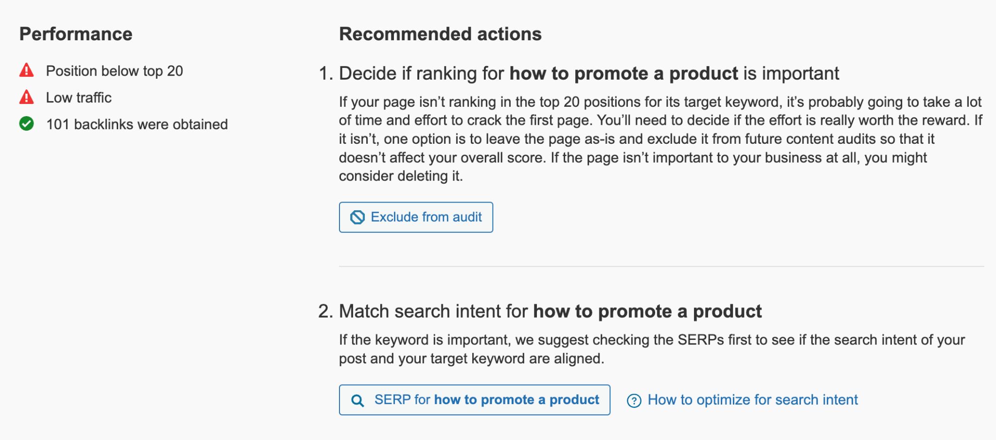 The recommended next steps after the content audit