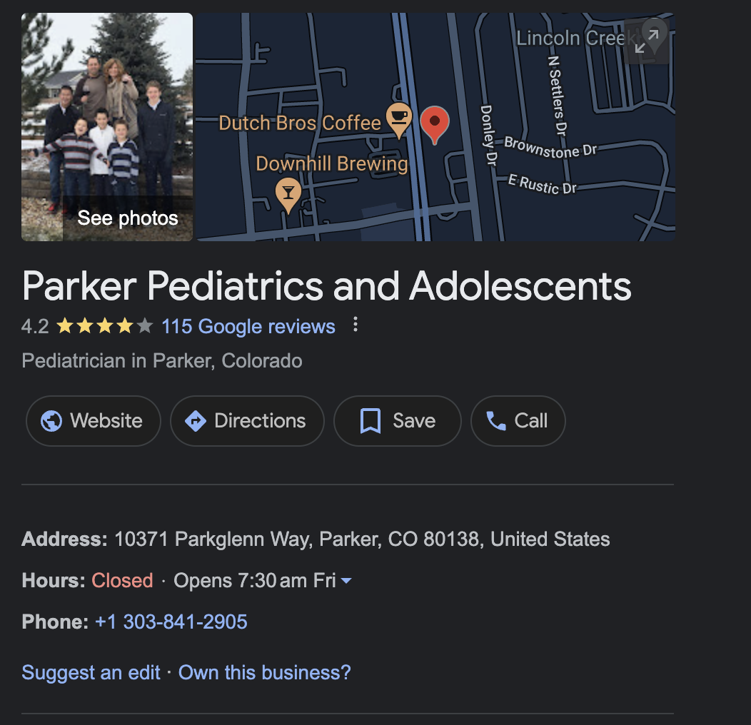 Google Business Profile of Parker Pediatrics and Adolescents