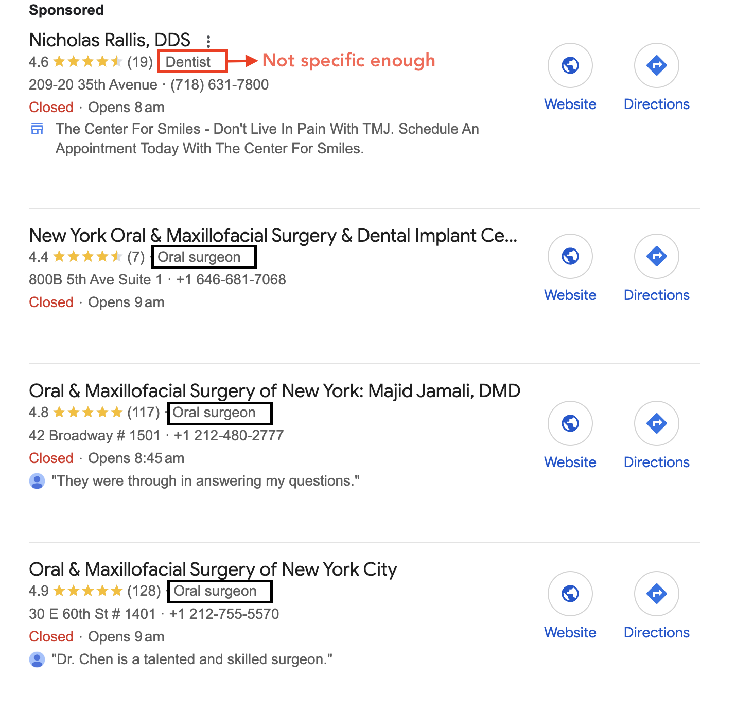 Google Business Profile results for oral surgeon in New York