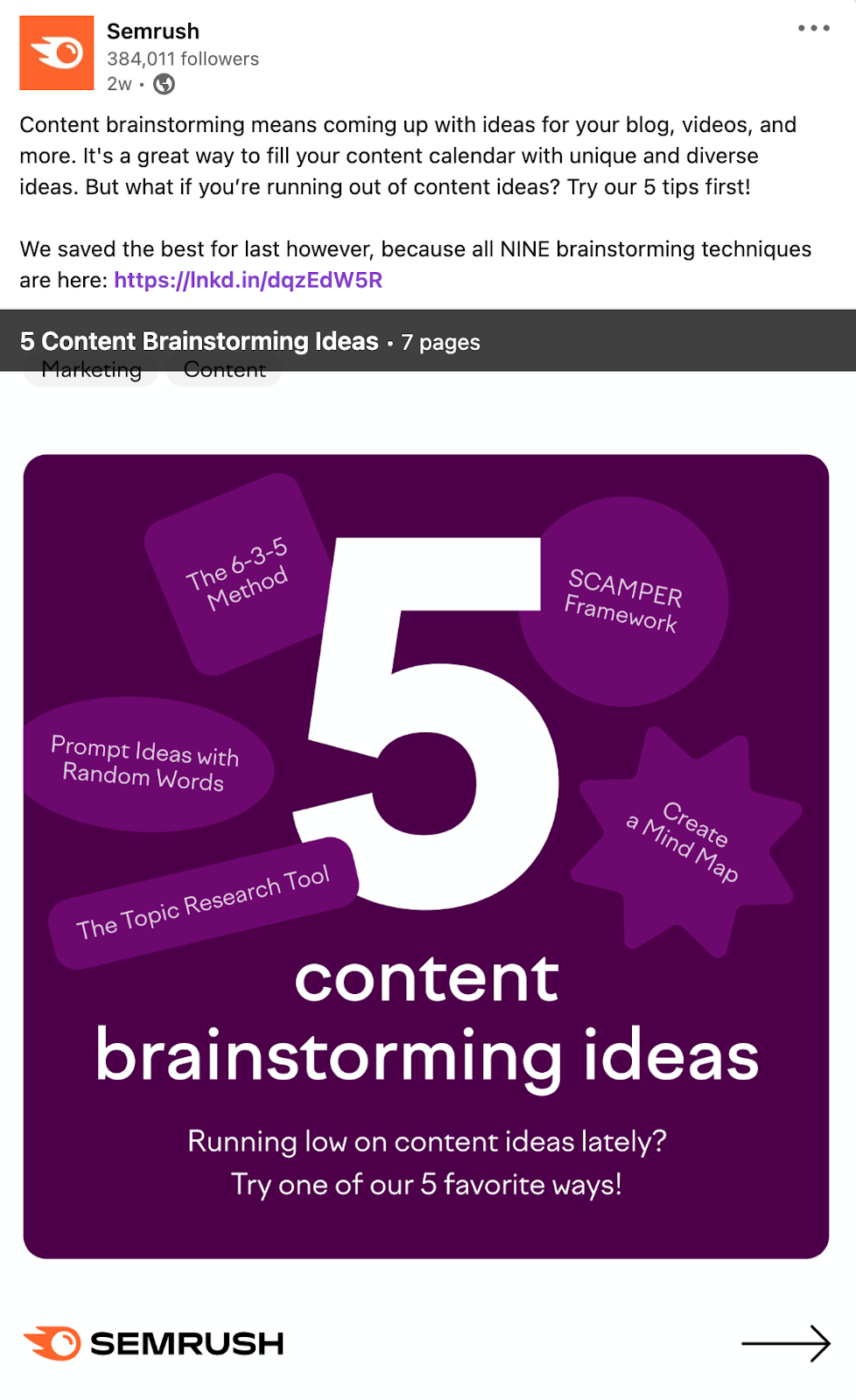 Semrush's post on LinkedIn sharing an article on content brainstorming