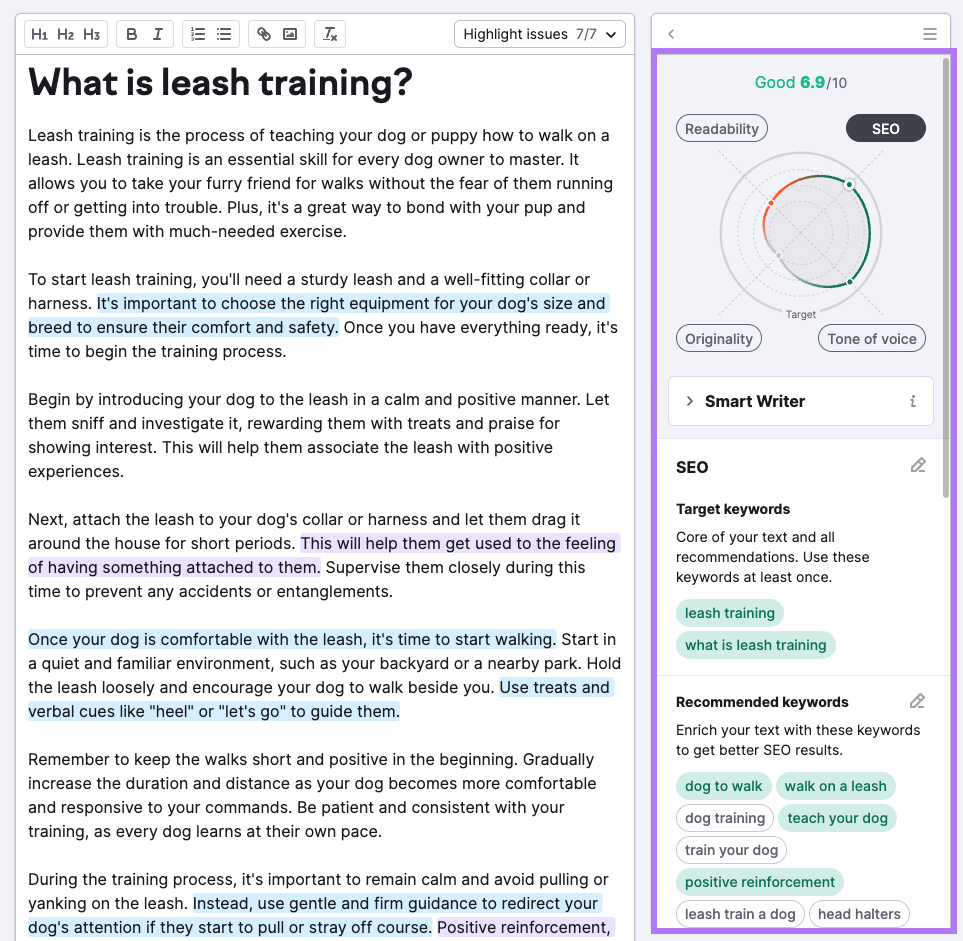 An article on "What is leash training" on the left-hand side and "SEO" recommendations section on the right-hand side in SEO Writing Assistant