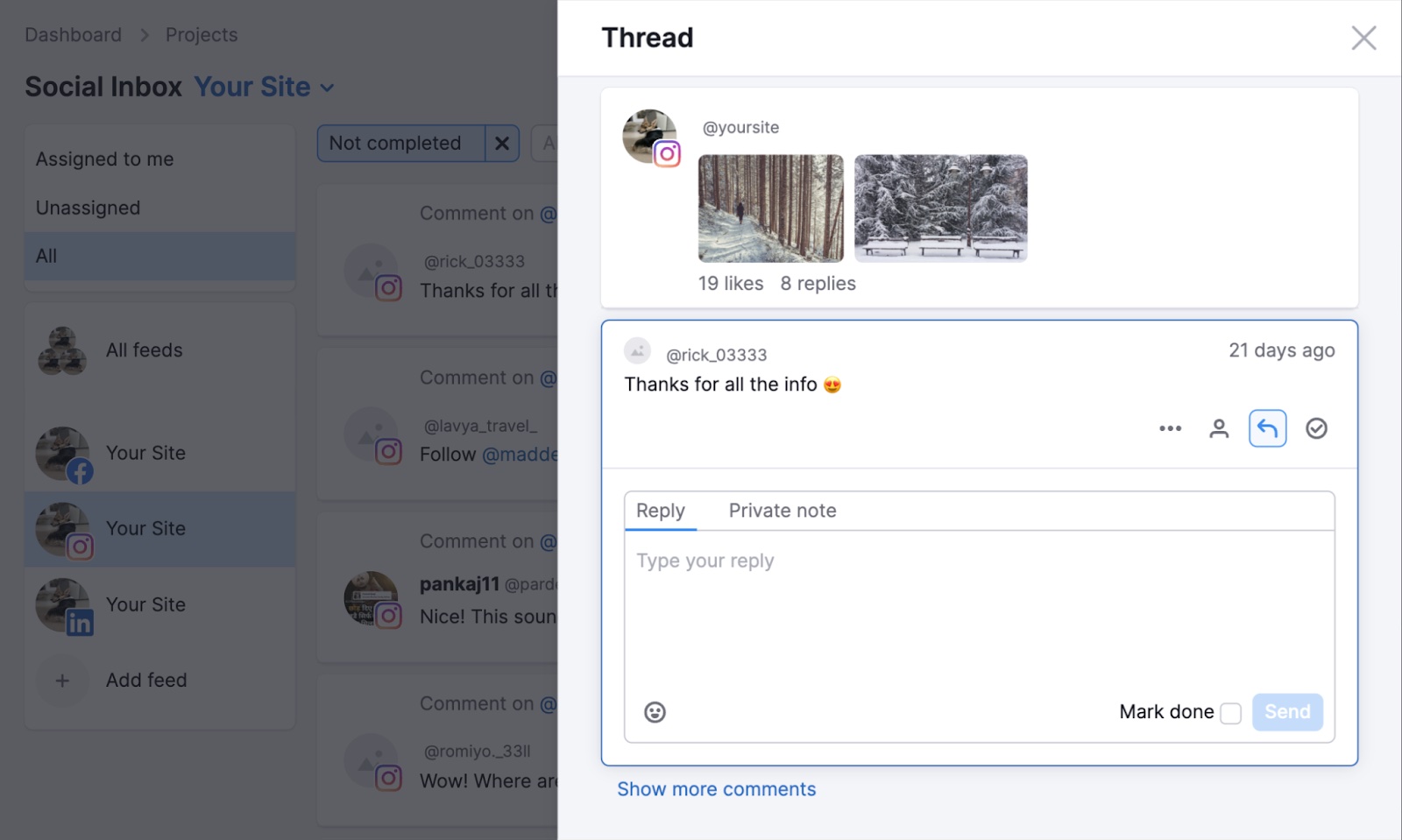 "Thread" window in Social Inbox