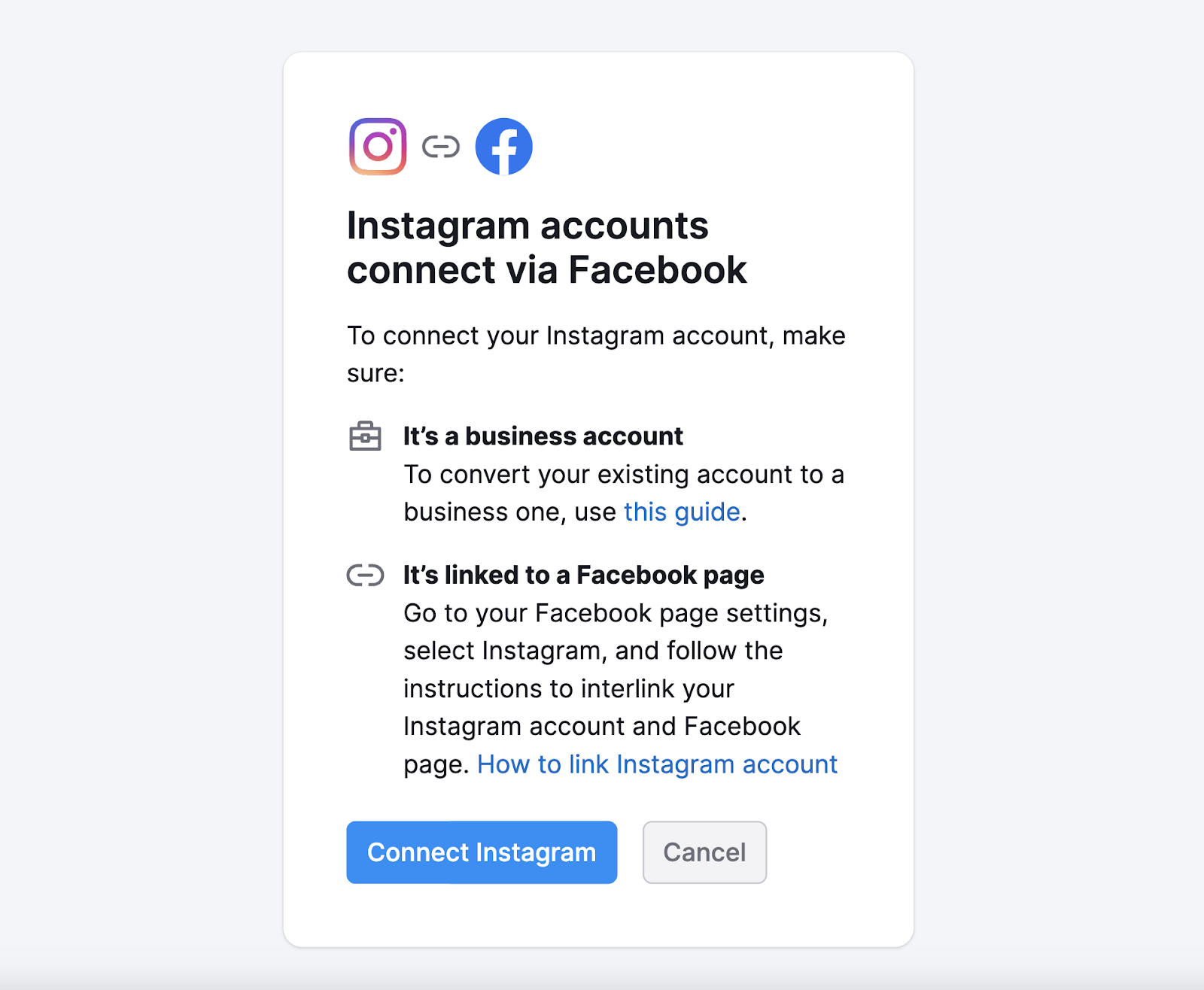 "Instagram accounts connect via Facebook" pop-up window in Social Inbox