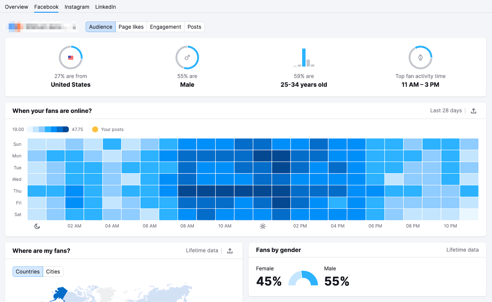 Facebook "Audience" dashboard in Social Analytics tool