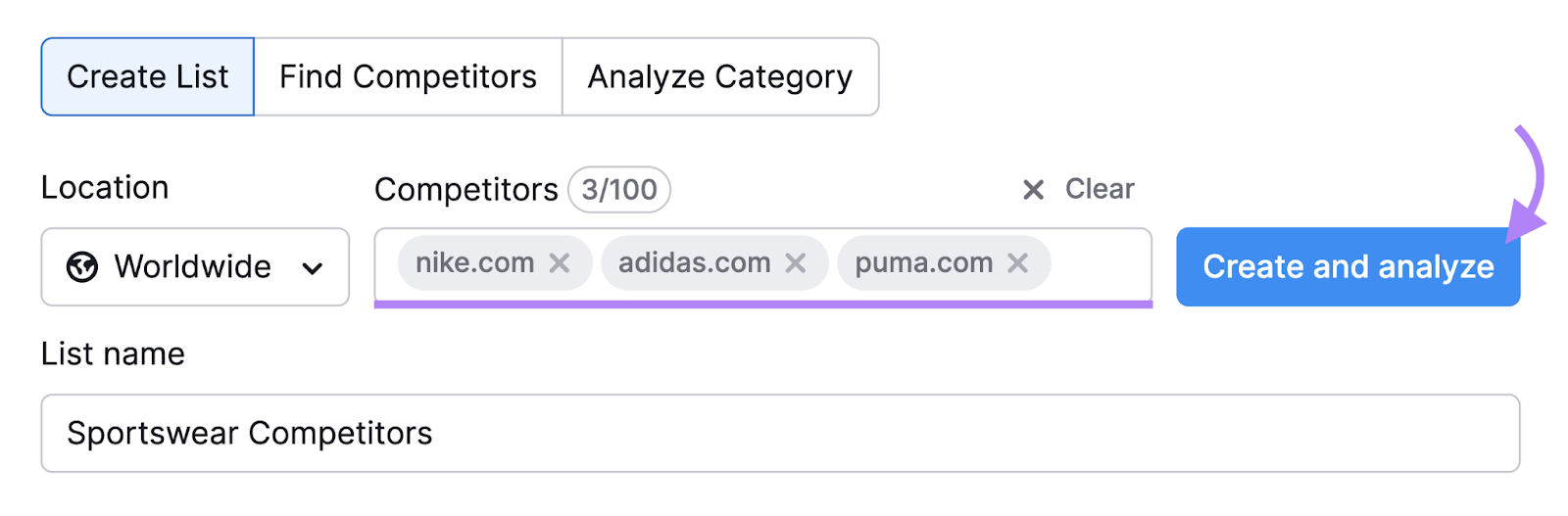 "nike.com," "adidas.com," and "puma.com" entered into the Market Explorer search