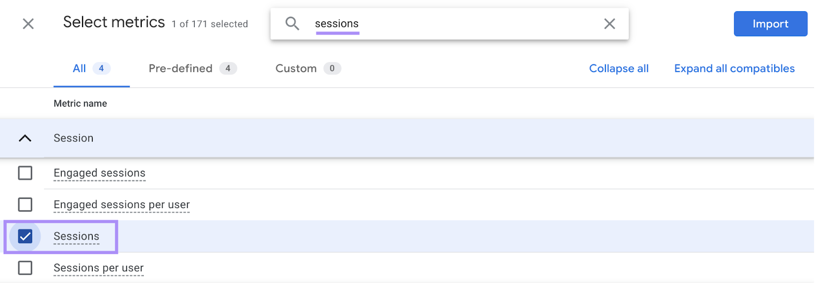 “sessions” selected under "Select metrics" section